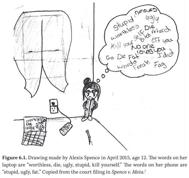 Pencil drawing by a twelve-year-old girl of herself at a laptop, with a thought bubble full of self-critical words; from the Spence v. Meta court filing.