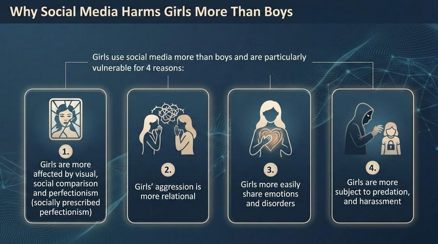 Infographic of four reasons Haidt argues social media harms girls more than boys: visual social comparison, relational aggression, emotional contagion, and predation and harassment.