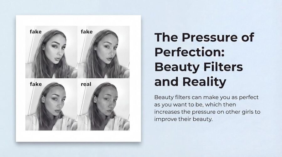 Four selfies of the same face, three labeled fake and one labeled real, beside the heading the pressure of perfection, beauty filters and reality.