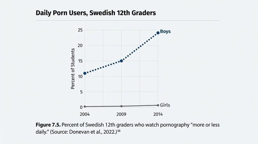 Line chart of daily pornography use among Swedish 12th graders 2004 to 2014, rising for boys and flat near zero for girls.
