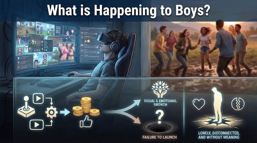 Illustration titled what is happening to boys: gaming, screens, and virtual rewards leading to failure to launch and disconnection.