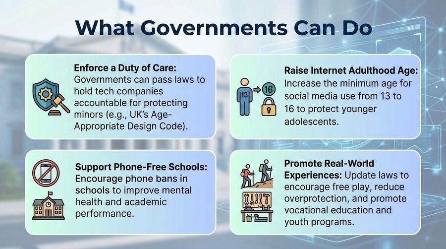 Panel of what governments can do: enforce a duty of care, raise the internet adulthood age, support phone-free schools.