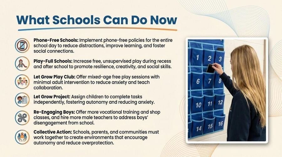 Panel of what schools can do now: phone-free schools, play-full schools, free-play clubs, real-world projects, re-engaging boys, collective action.