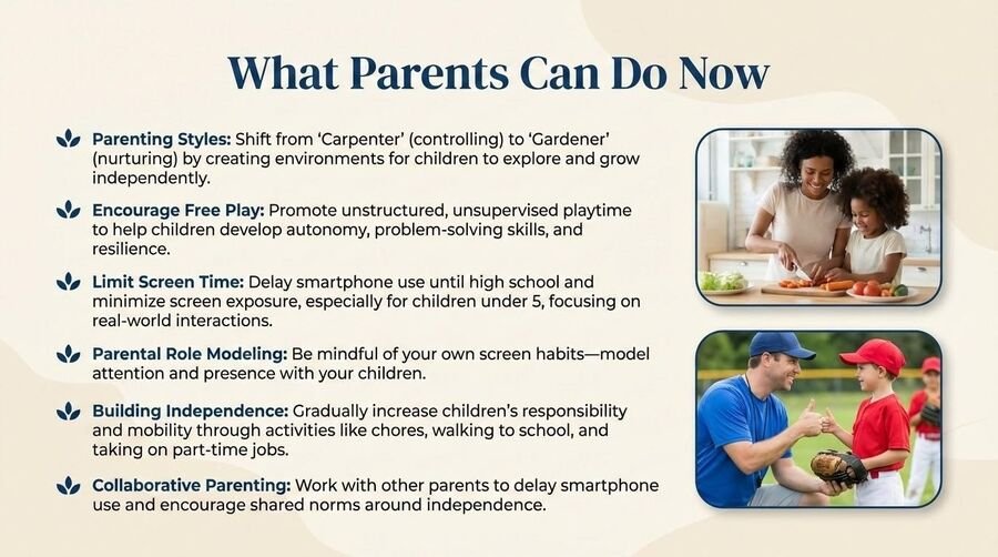 Panel of what parents can do now: shift parenting style, encourage free play, limit screen time, model behavior, build independence, and coordinate with other parents.