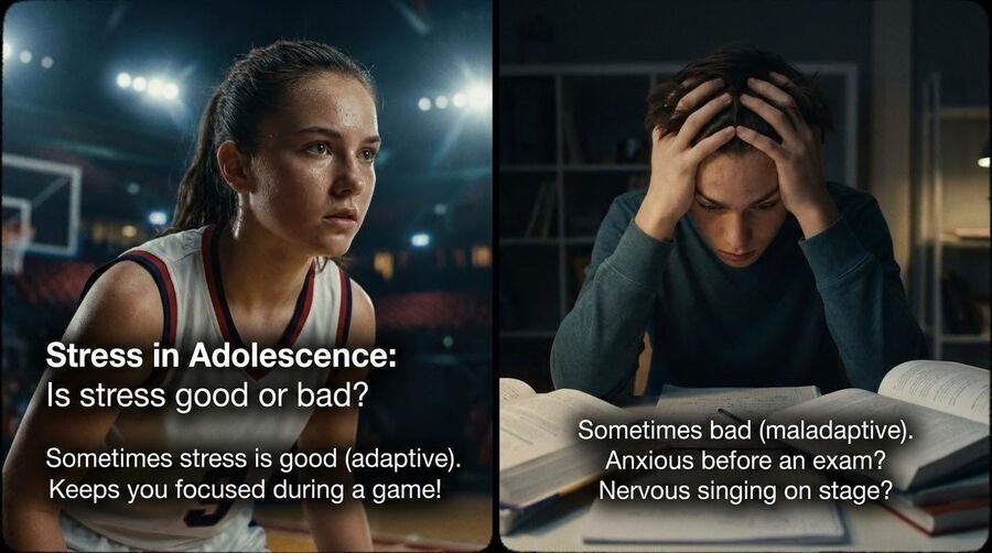 Split image: a focused athlete during a game labeled adaptive stress, and a student with head in hands before an exam labeled maladaptive stress.