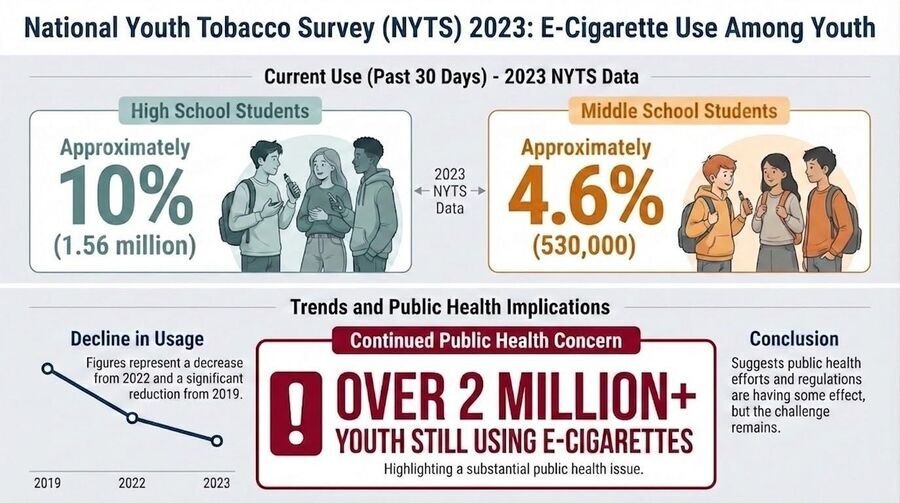 Infographic from the 2023 National Youth Tobacco Survey: about 10 percent of high-school and 4.6 percent of middle-school students currently use e-cigarettes, over 2 million youth, with usage declining.