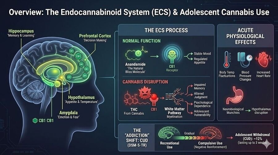 Diagram of the endocannabinoid system and adolescent cannabis use: anandamide and CB1 receptors, THC disruption, acute effects, and the shift toward compulsive use.