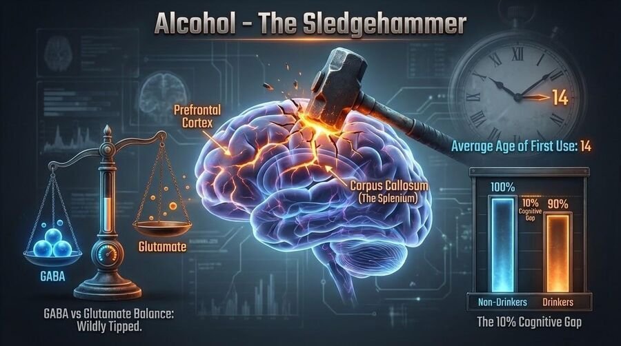 Illustration of a sledgehammer striking a brain, labeled alcohol, with the GABA–glutamate balance tipped, average age of first use 14, and a 10 percent cognitive gap.