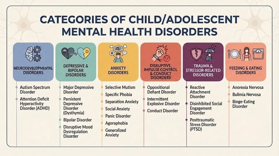 Chart of categories of child and adolescent mental-health disorders: neurodevelopmental, depressive and bipolar, anxiety, disruptive and conduct, trauma and stressor-related, and feeding and eating.