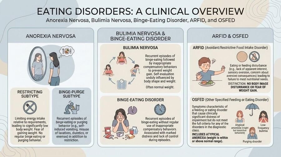 Clinical overview of eating disorders: anorexia nervosa with restricting and binge-purge subtypes, bulimia nervosa, binge-eating disorder, ARFID, and OSFED.