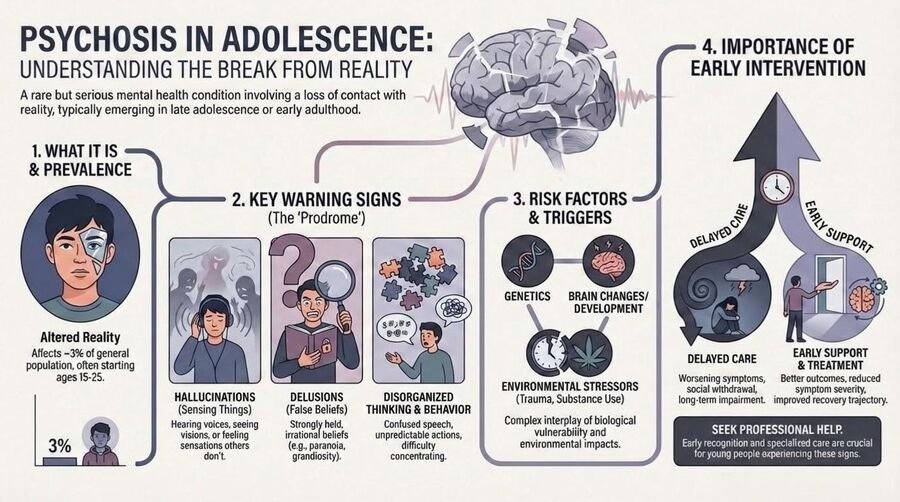 Infographic on psychosis in adolescence: prevalence, key warning signs in the prodrome, risk factors, and the importance of early intervention.