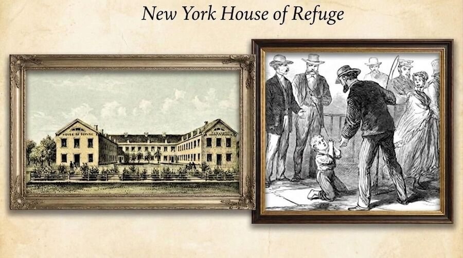 Two framed nineteenth-century images of the New York House of Refuge: the building and an engraving of youths inside.