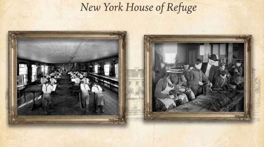 Two framed nineteenth-century photographs of the New York House of Refuge interior: boys at long tables and boys at work.