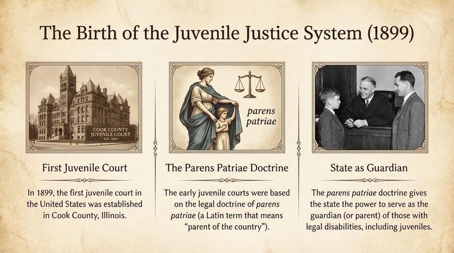 Three-panel graphic on the birth of the juvenile justice system in 1899: the first juvenile court in Cook County, the parens patriae doctrine, and the state as guardian.