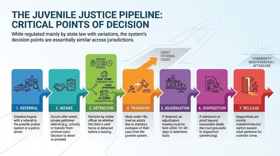 Flow diagram of the juvenile justice pipeline with seven decision points: referral, intake, detention, transfer, adjudication, disposition, release.
