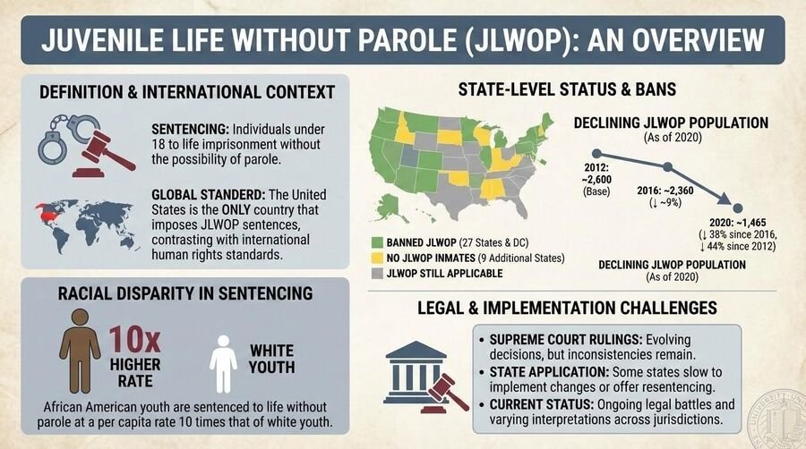 Overview of juvenile life without parole: definition, state-level status map, declining JLWOP population, tenfold racial disparity, and legal challenges.
