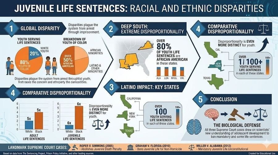 Infographic on racial and ethnic disparities in juvenile life sentences, including the Deep South, Latino youth, and comparative disproportionality.