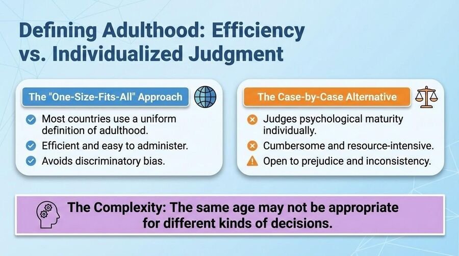 Comparison of a one-size-fits-all definition of adulthood with case-by-case individualized judgment, concluding that the same age may not suit every kind of decision.