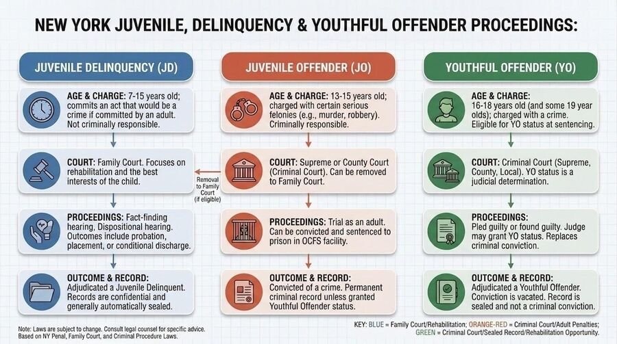 Comparison chart of New York juvenile delinquency, juvenile offender, and youthful offender proceedings by age and charge, court, proceedings, and outcome.