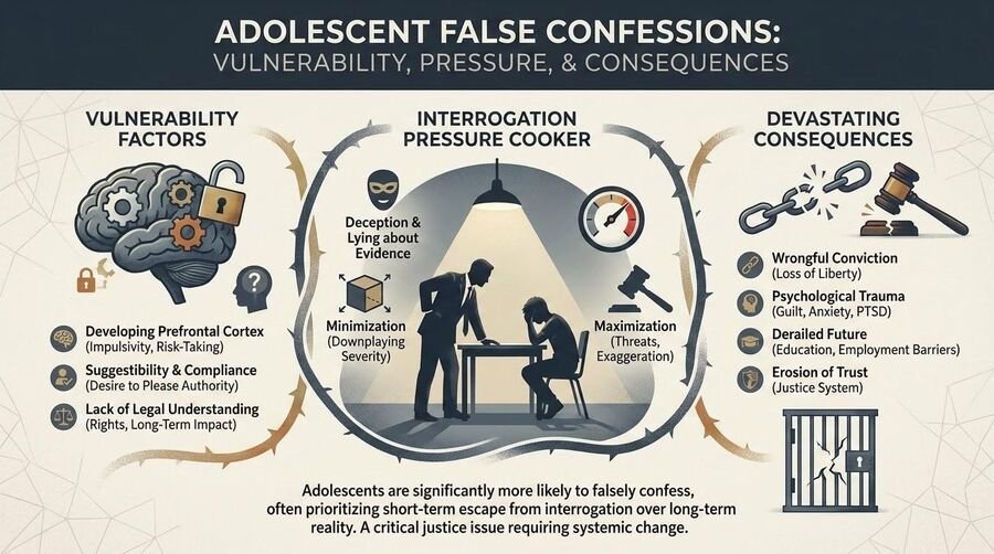 Infographic on adolescent false confessions: vulnerability factors, the interrogation pressure cooker, and devastating consequences.