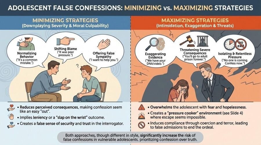 Comparison of minimizing strategies (downplaying severity, offering excuses) and maximizing strategies (threats, exaggerated evidence) used in interrogation.