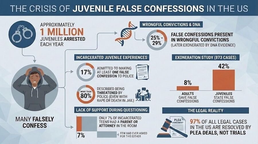 Infographic on juvenile false confessions in the U.S.: about one million juveniles arrested each year, 17 percent of incarcerated juveniles reporting a false confession, 42 percent of juvenile exonerations involving false confessions.