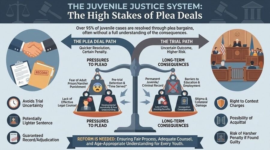 Balance-scale diagram of the plea-deal path versus the trial path, with the pressures that push juveniles toward pleading.