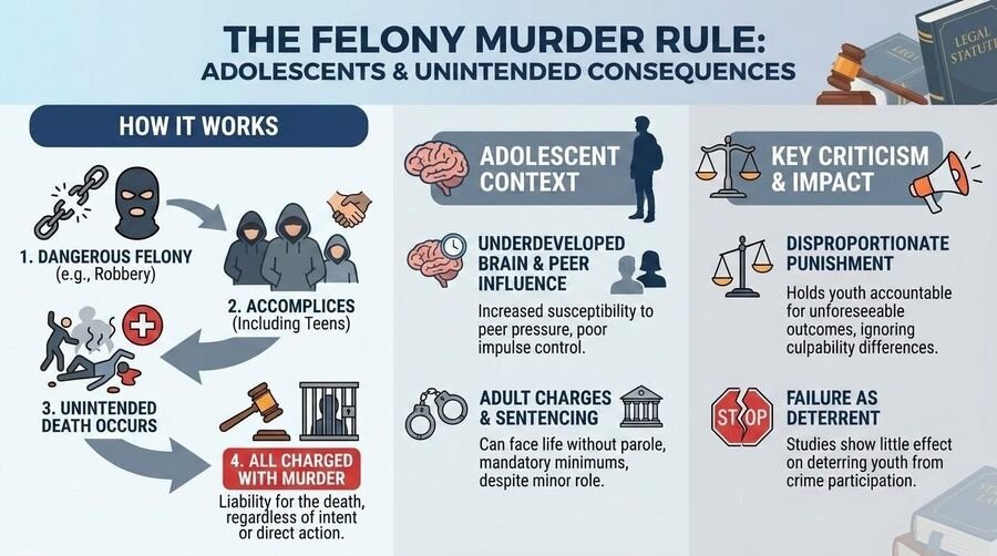 Infographic on the felony murder rule: how it works, the adolescent context, and key criticisms including disproportionate punishment.