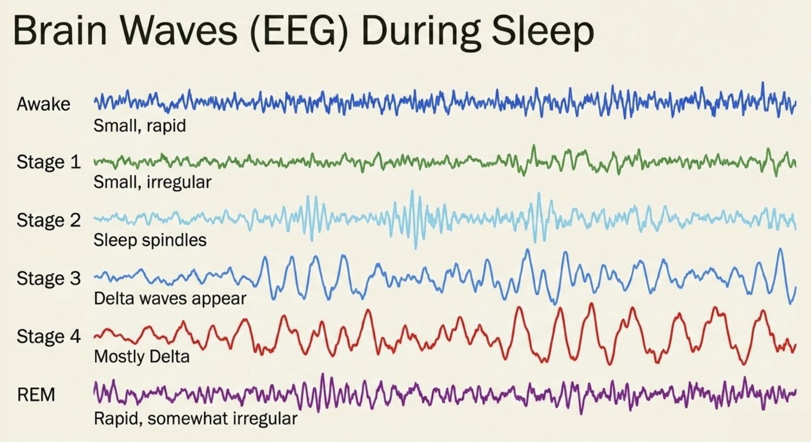 Six EEG tracings labeled Awake (small, rapid), Stage 1 (small, irregular), Stage 2 (sleep spindles), Stage 3 (delta waves appear), Stage 4 (mostly delta), and REM (rapid, somewhat irregular). Waves grow larger and slower from awake through Stage 4, then REM returns to fast, small waves.